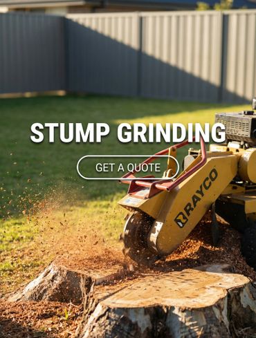 A stump grinding machine in action in a backyard.