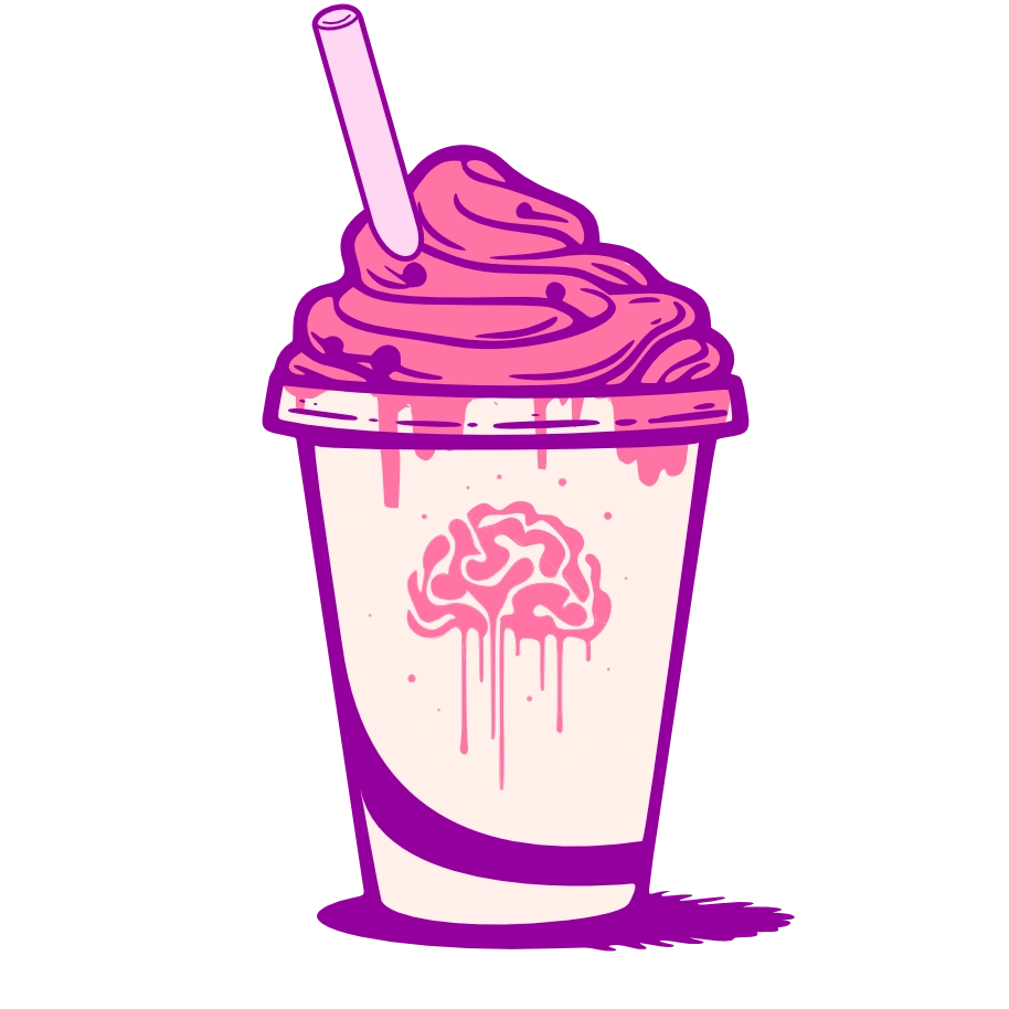 Milkshake that has a oozing brain logo on the cup with pink and purple ice cream dripping as well.