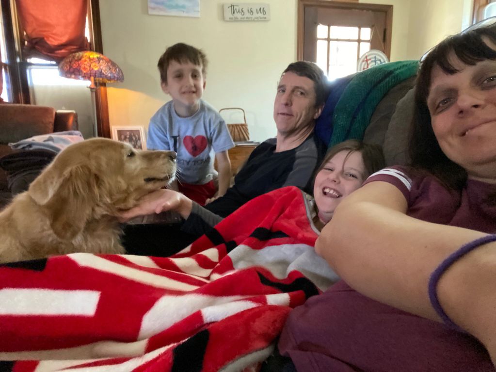 The Riley's (Ezra, John, Erin and Gretchen) enjoying Sunday's worship service from home!