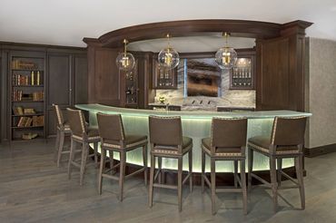 Custom built bar with glass from Melt down glass, installed in Orchard Lake, Michigan photo by Beth