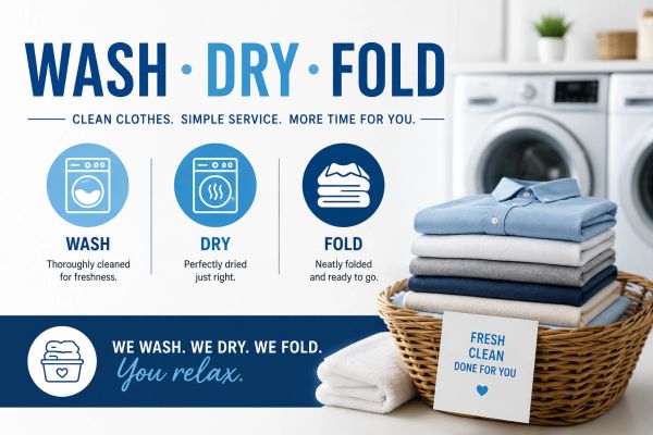 Laundry service offering wash, dry, and fold with clean, fresh clothes and simple service.