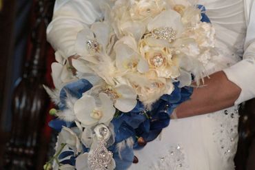 white and blue bridal bouquet with jewels 