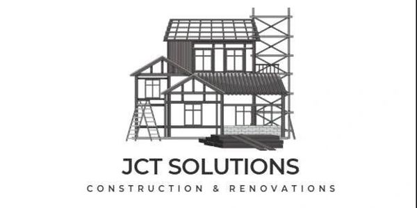 Logo of JCT Solutions construction and renovations with house scaffolding.