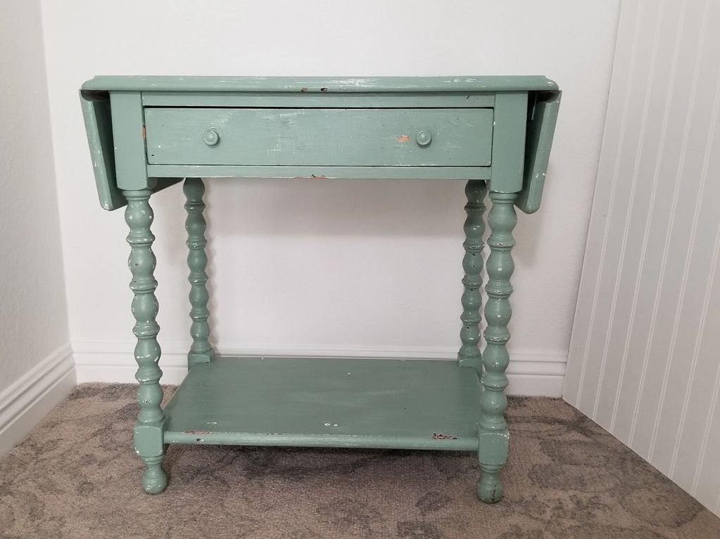 shabby chic wood side table with turned legs, drop leaf, and drawer