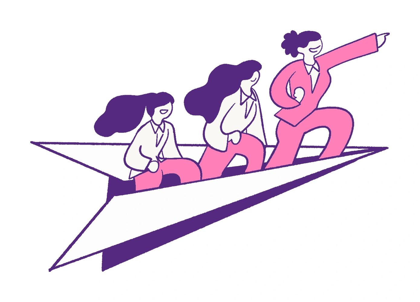 Three women riding a paper airplane, one leading confidently.