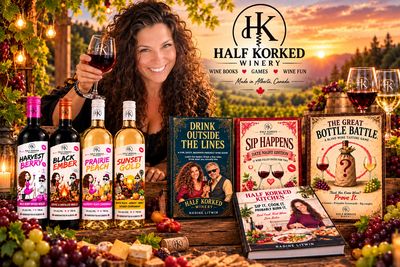 Half Korked Winery promotional display featuring a woman holding red wine, Harvest Berry, Black Ember, Prairie Peach and Sunset Gold bottles, Drink Outside the Lines wine guide, and upcoming wine books and games.