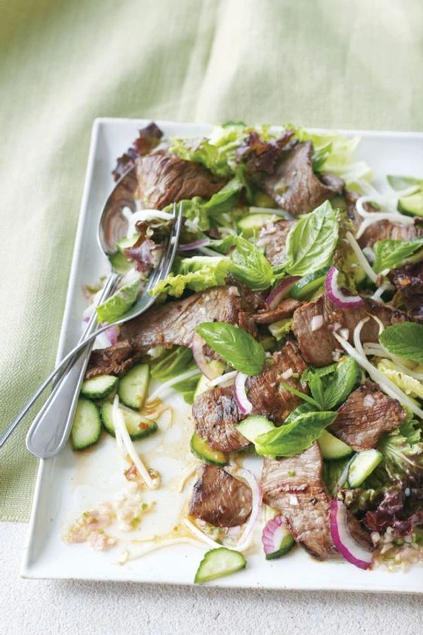 Thai Steak Salad with Lemongrass Dressing, Shaved Red Onion, Cucumber, & 
Radish & Fresh Thai Herbs