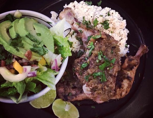 Chicken Verde with Lime Cilantro Salad and Cauliflower Rice