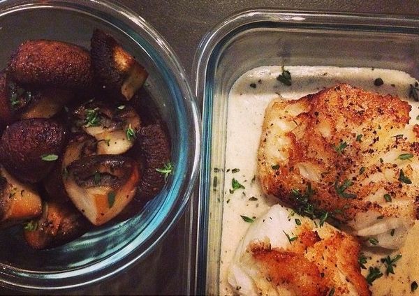 Flakey Broiled Halibut in a Roasted Garlic White Bean Purée with Skillet Seared Crimini Mushrooms