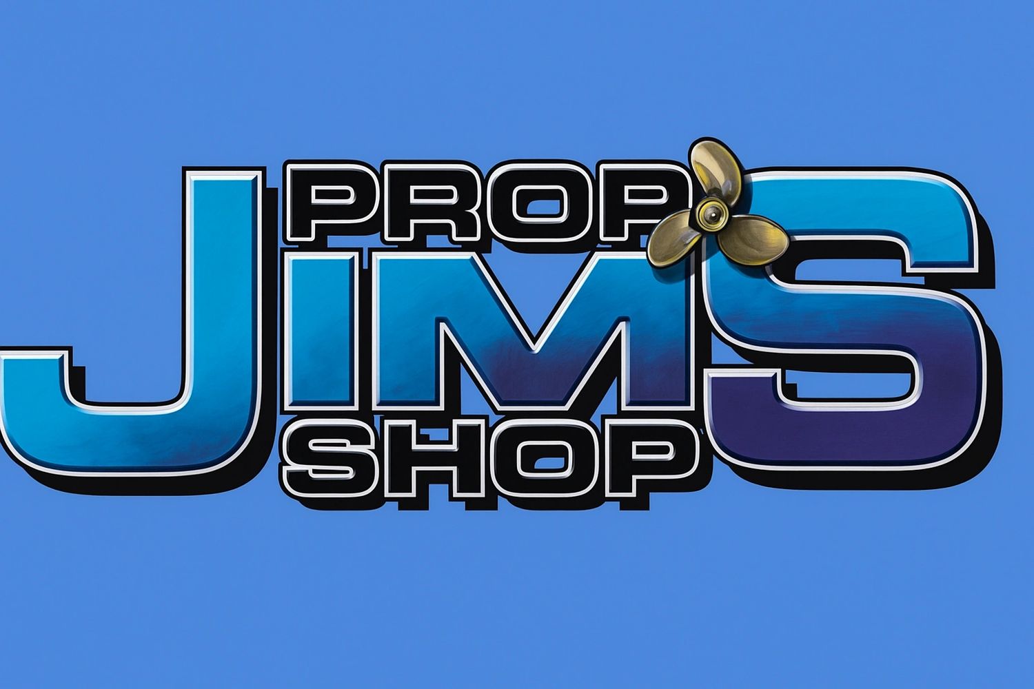 Logo of Prop Jim's Shop with a boat propeller on a blue background.