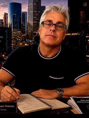 Man writing at desk with cityscape background.
