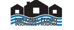 Logo of the National Flood Insurance Program with houses and water waves.