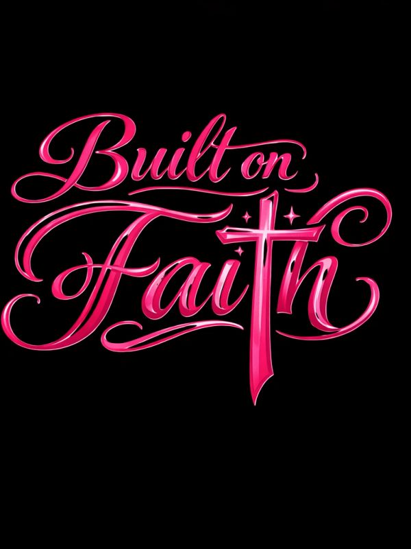 Elegant pink lettering saying "Built on Faith" with a cross design.
