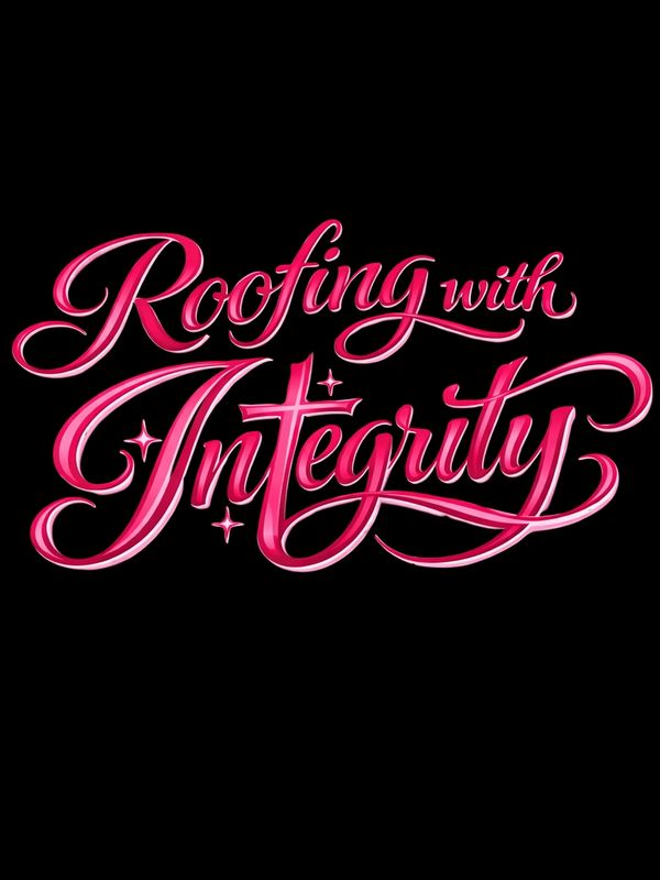 Elegant pink lettering says 'Roofing with Integrity' on a black background.