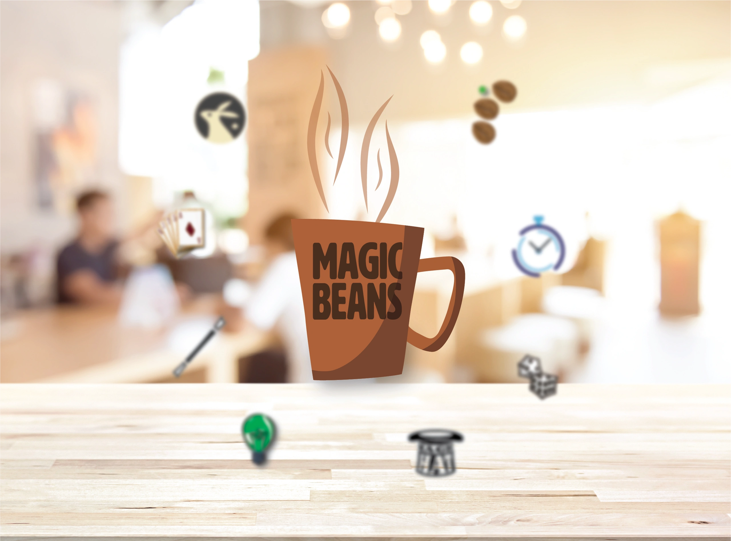 A steaming coffee cup with 'Magic Beans' text surrounded by playful icons in a cozy cafe setting.