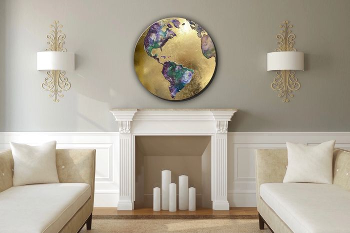 Earth seen from space. Gold leaf background. Circular art. North & South America continents