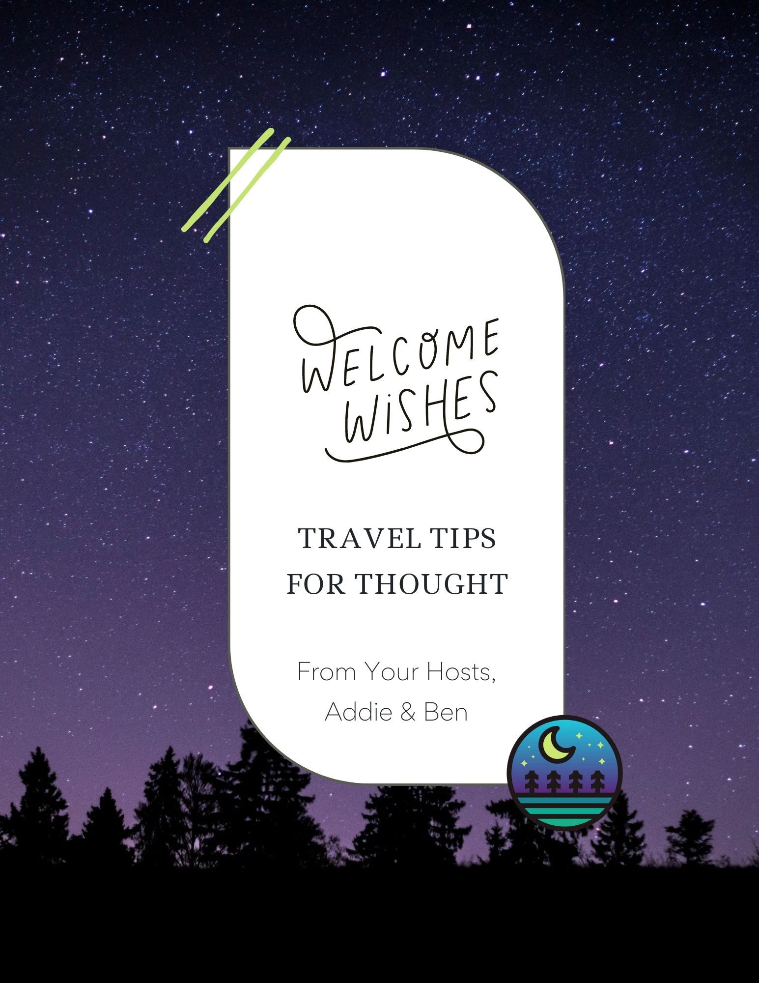 Starry night background with travel tips welcome message.