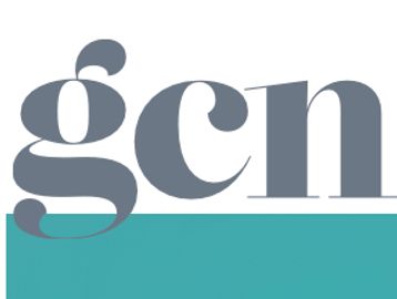 Close-up of stylized lowercase letters 'gcn' in gray over a teal background.