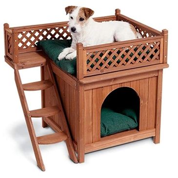 Wooden dog house for the small dog.
