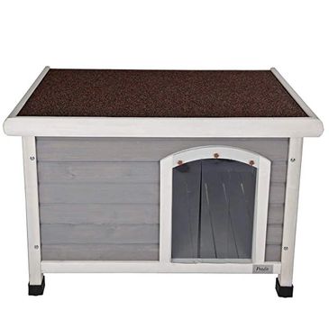 Rugged outdoor dog house in wood.