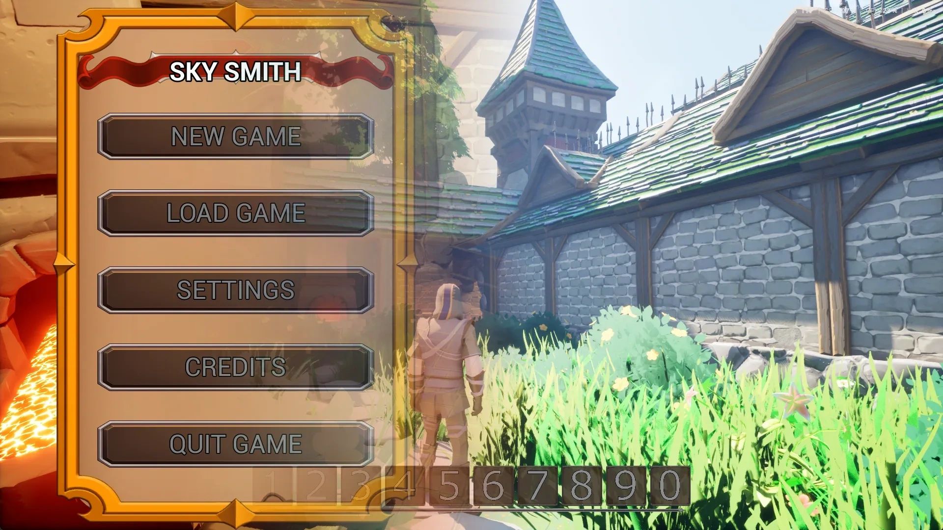 Medieval fantasy game menu with a character near stone walls and greenery.