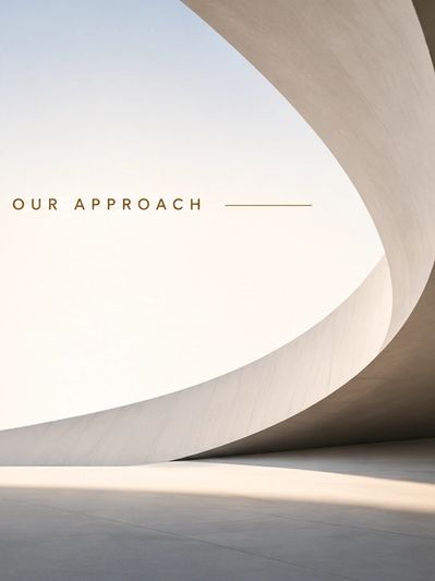 Minimalist architecture with text Our Approach.