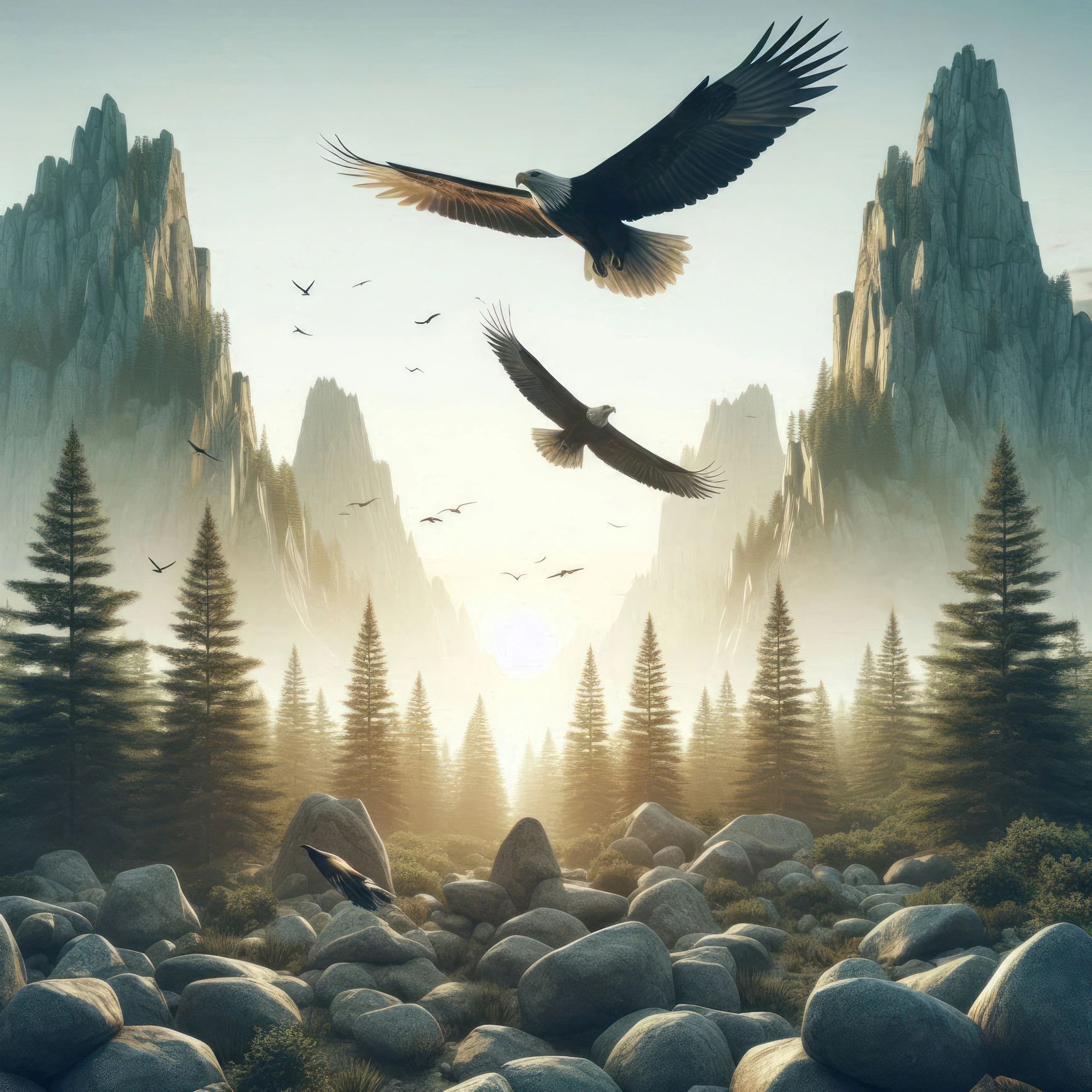 Eagles soaring over the mountains, early morning, freedom of nature.
Soaring © Mykola Ieromenko