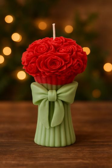 A decorative candle shaped like a bouquet of red roses with a green bow.