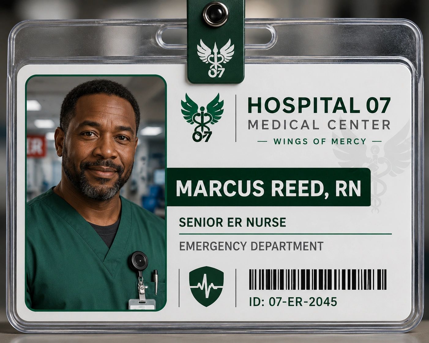 Hospital ID badge of Marcus Reed, Senior ER Nurse at Hospital 07 Medical Center.