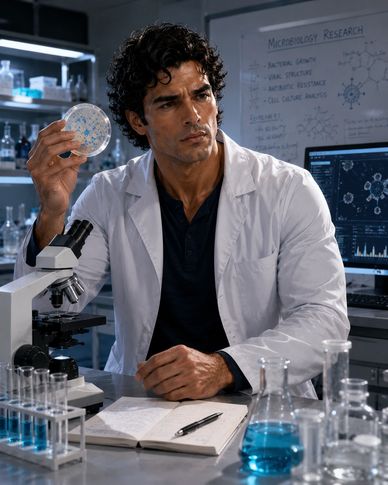 Scientist studying petri dish in lab.