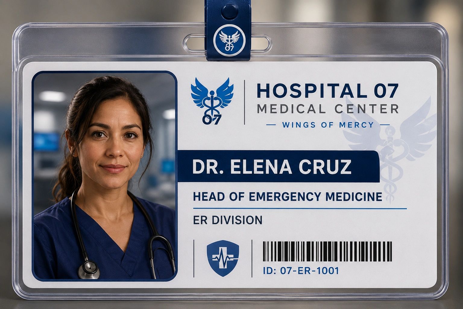 Hospital ID badge for Dr. Elena Cruz, Head of Emergency Medicine at Hospital 07.
