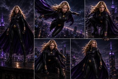 Woman superhero in black costume flying and standing over city at night.