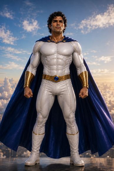 A superhero in white with a blue cape stands heroically.