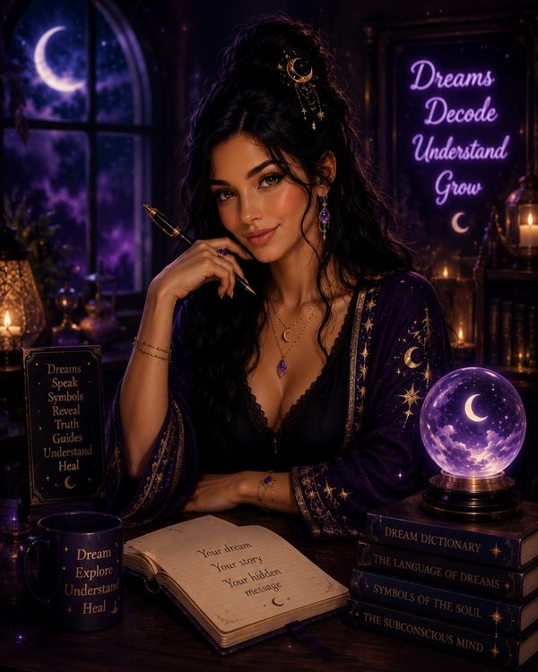 A mystical woman surrounded by dream-themed books and glowing moonlit objects.