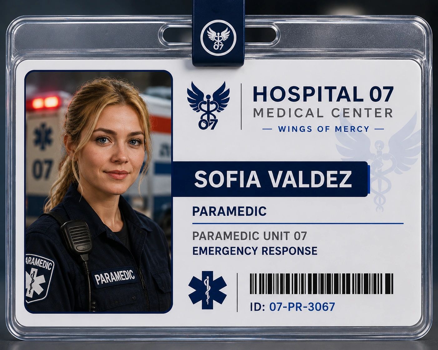 ID badge of paramedic Sofia Valdez from Hospital 07 Medical Center.