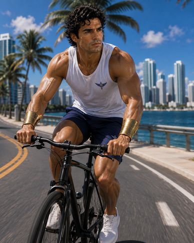 Muscular man cycling on a city waterfront road.