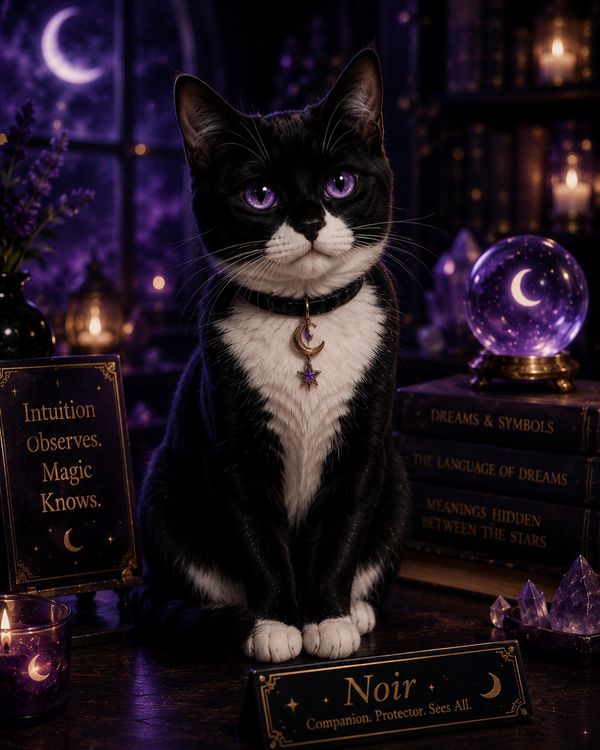 Black and white cat with purple eyes in a mystical setting.
