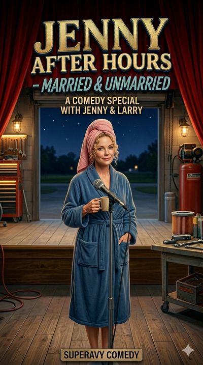 Jenny in a bathrobe and towel, ready for a comedy special titled 'Jenny After Hours: Married & Unmarried'.