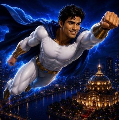 Superhero flying over a city at night.