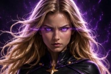 Fierce woman with glowing purple eyes and flowing hair.