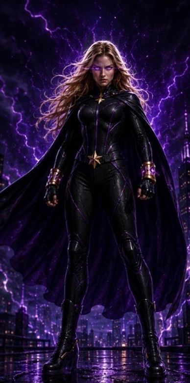 Powerful female superhero with glowing purple eyes and lightning.
