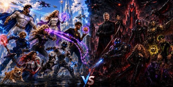 Epic superhero team showdown with forces of light versus dark.