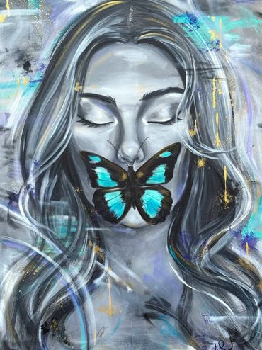 "Butterfly Girl" 24x 36in, Acrylic on Canvas. (Live Painting)
