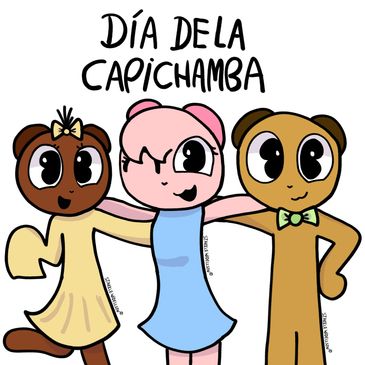 Three cartoon characters celebrating Día de la Capichamba together.