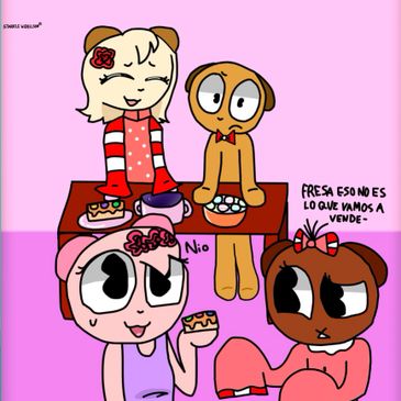 Four cartoon characters enjoying sweets with playful expressions on a pink background.