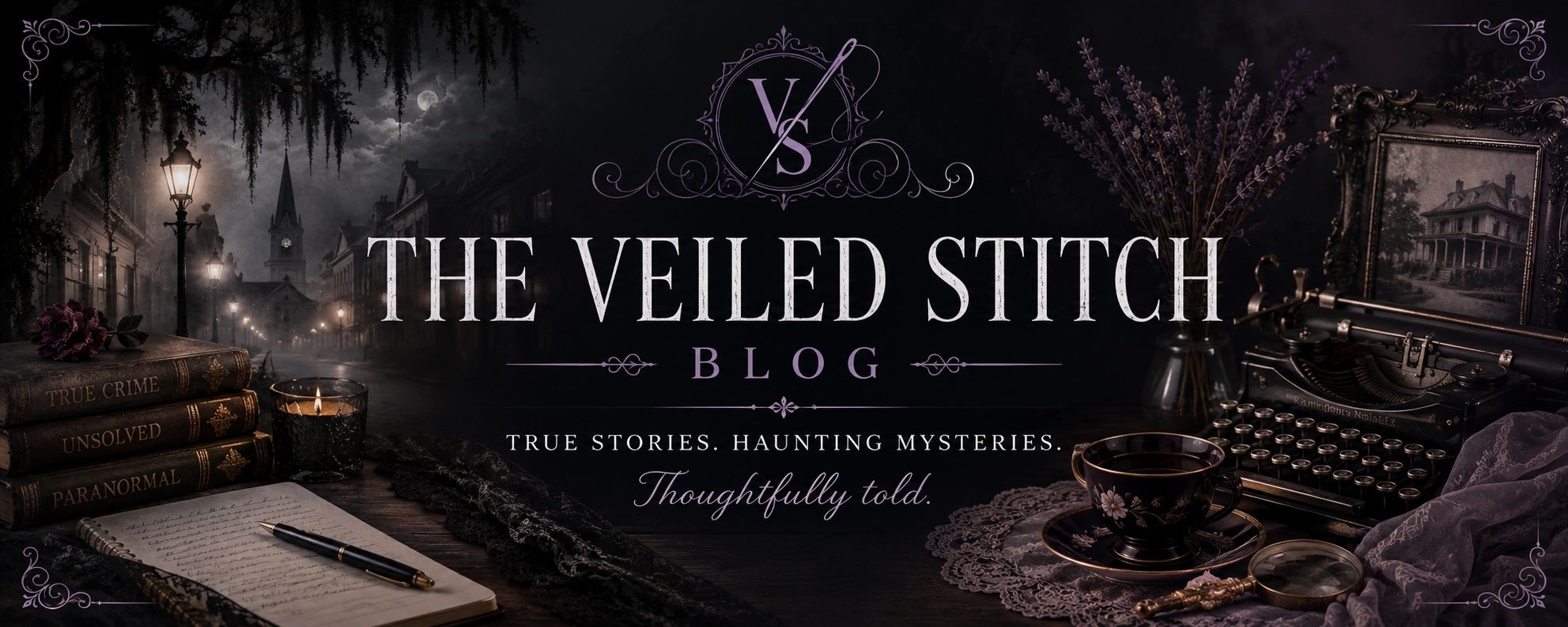 Dark, mysterious blog banner with vintage objects and eerie ambiance.