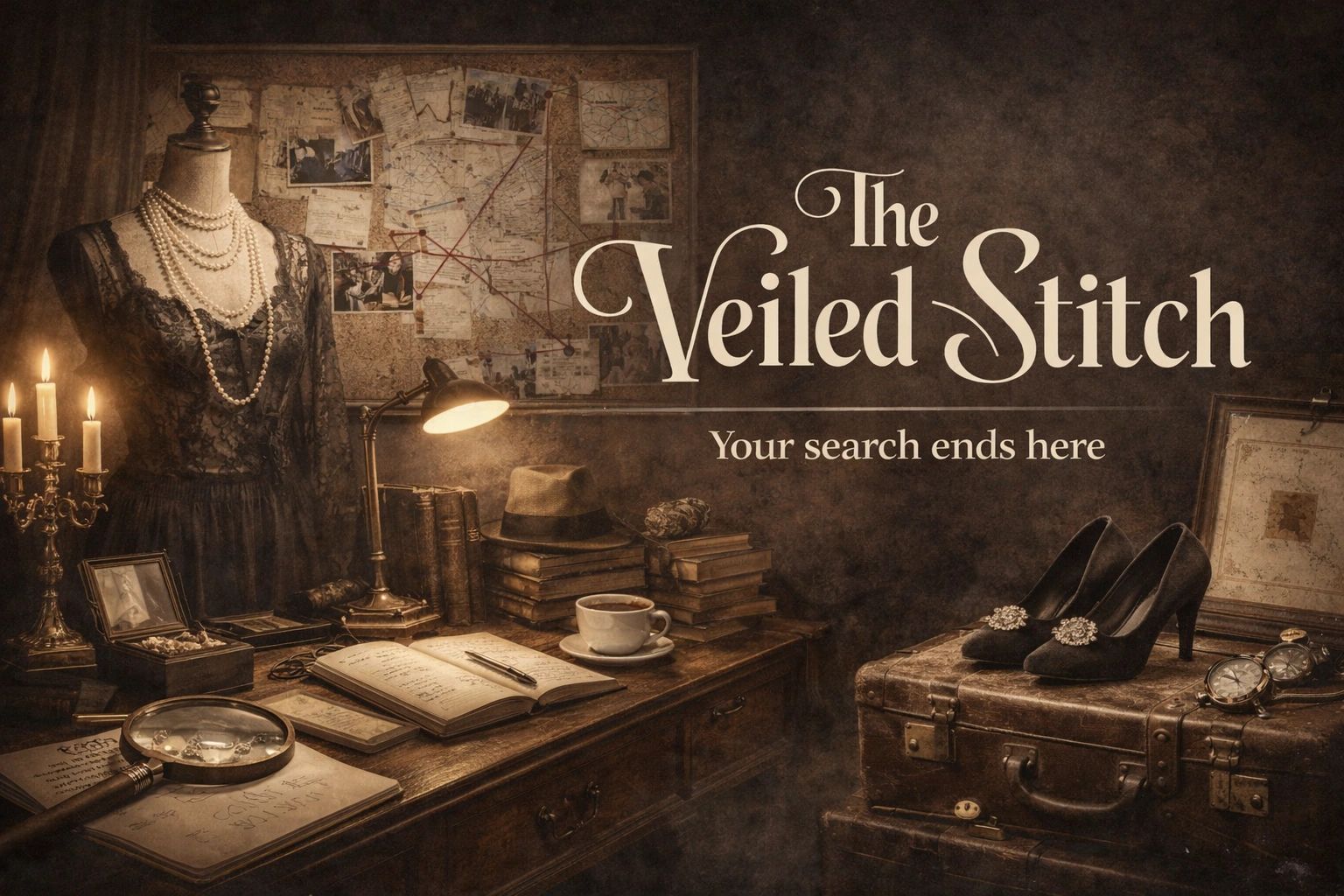 Vintage detective desk with fashion elements and the text 'The Veiled Stitch'.