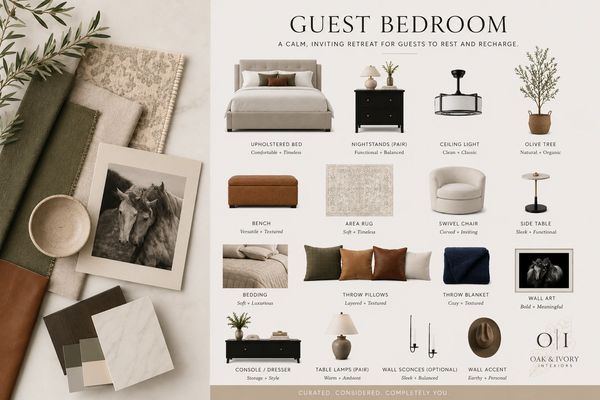 Guest bedroom mood board with furniture and decor items.
