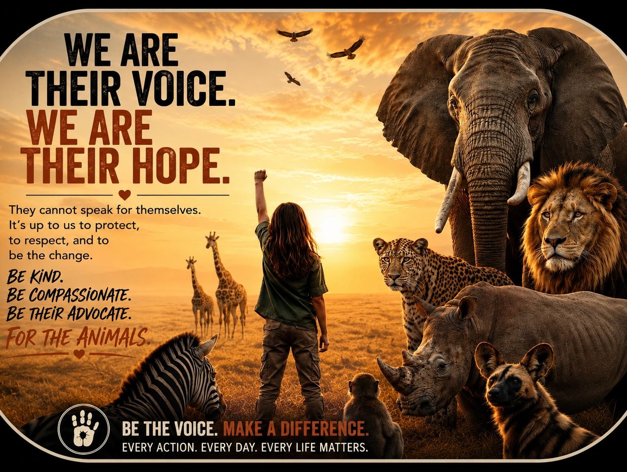 A call to protect and advocate for animals with wildlife and a person raising a fist.