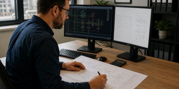 Image of an engineer at his desk looking at designs on a computer.